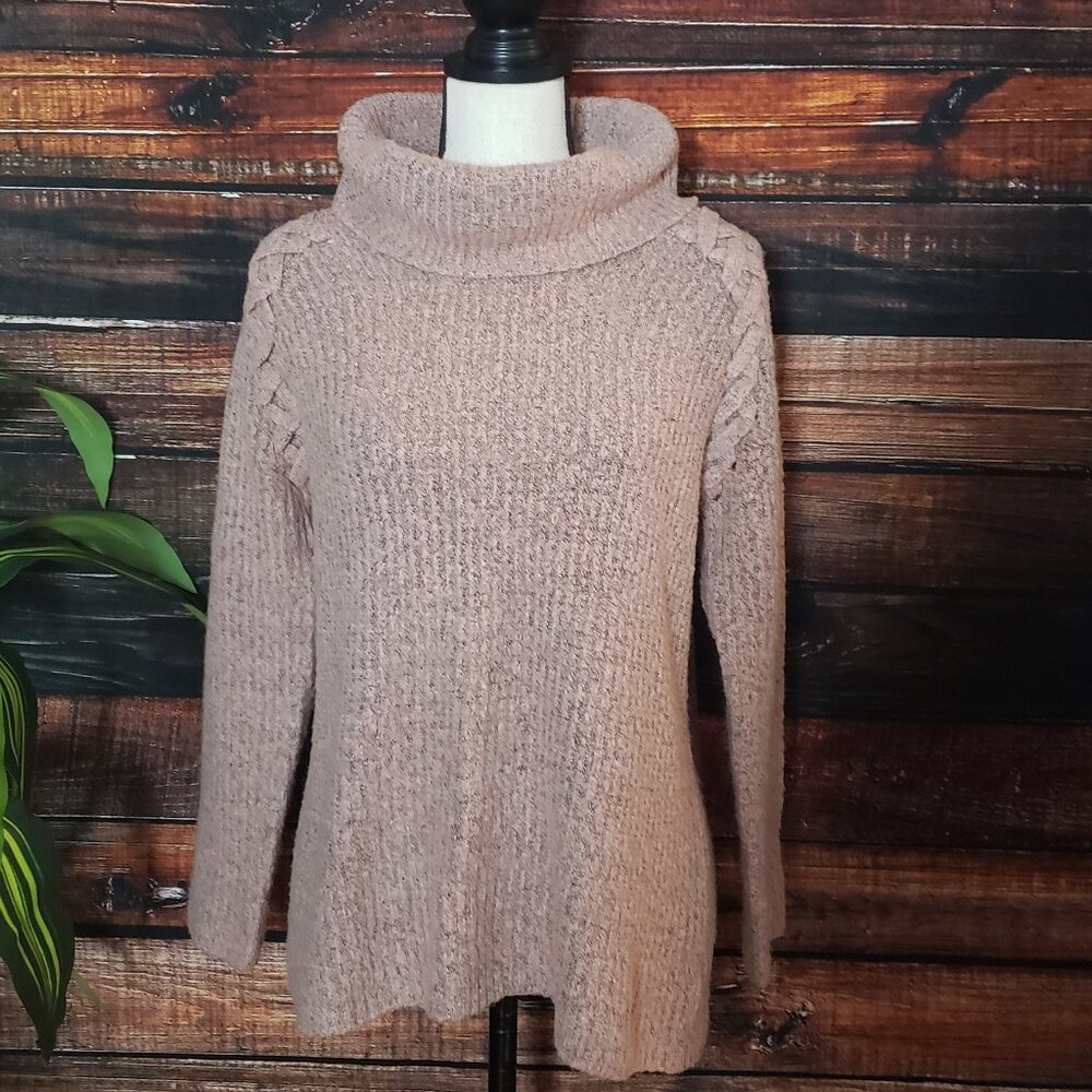 Relativity Sweater Cowl Turtleneck M Pink Soft Laced Shoulder Accents